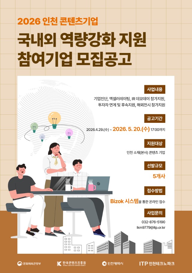 2026인천 콘텐츠 기업
국내외 역량강화 지원 참여기업 모집공고
사업내용 : 기업진단, 액셀러레이팅, 데모데이 참가지원, 투자자 연계 및 후속지원, 해외전시 참가지원
공고기간: 2026.4.29(수)~2026.5.20(수) 17:00까지
지원대상: 인천 소재(본사) 콘텐츠 기업
선발규모: 5개사
접수방법: bizok시스템을 통한 온라인 접수
사업문의: 032-876-5190